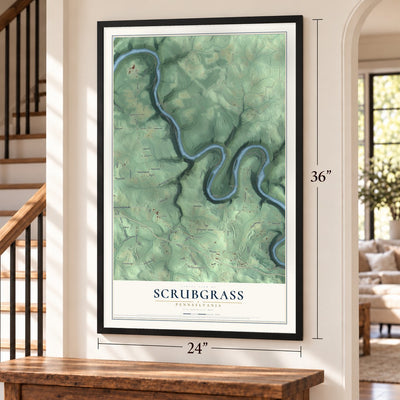 Scrubgrass, Pennsylvania map, 24 x 36 inch print in a black frame by a staircase