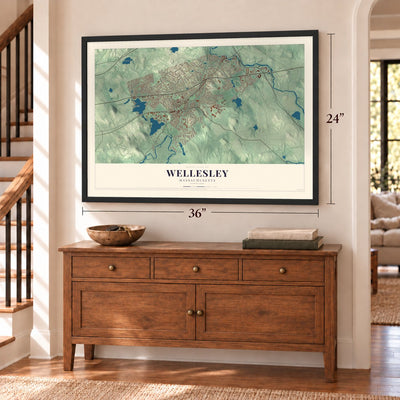Wellesley, Massachusetts map, 24 x 36 inch print in a black frame above a dresser by a staircase