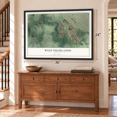 West Highlands, Georgia map, 24 x 36 inch print in a black frame above a dresser by a staircase