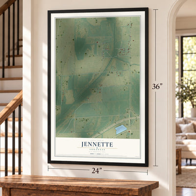 Jennette, Arkansas map, 24 x 36 inch print in a black frame by a staircase