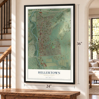 Hellertown, Pennsylvania map, 24 x 36 inch print in a black frame by a staircase