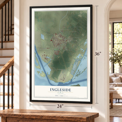 Ingleside, Texas map, 24 x 36 inch print in a black frame by a staircase