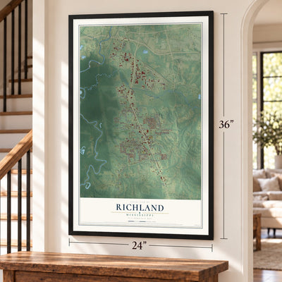 Richland, Mississippi map, 24 x 36 inch print in a black frame by a staircase