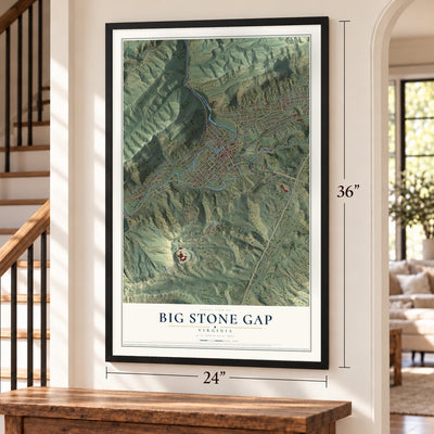 Big Stone Gap, Virginia map, 24 x 36 inch print in a black frame by a staircase