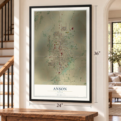 Anson, Texas map, 24 x 36 inch print in a black frame by a staircase