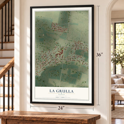 La Grulla, Texas map, 24 x 36 inch print in a black frame by a staircase