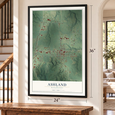 Ashland, Mississippi map, 24 x 36 inch print in a black frame by a staircase