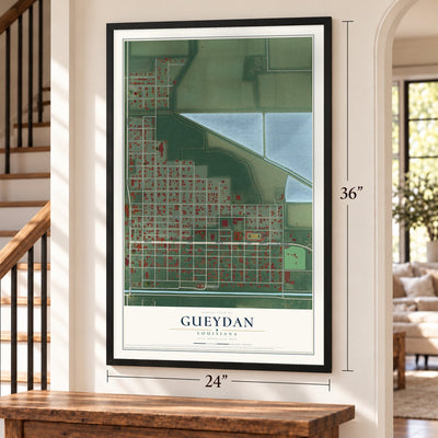 Gueydan, Louisiana map, 24 x 36 inch print in a black frame by a staircase