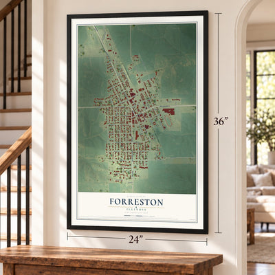 Forreston, Illinois map, 24 x 36 inch print in a black frame by a staircase