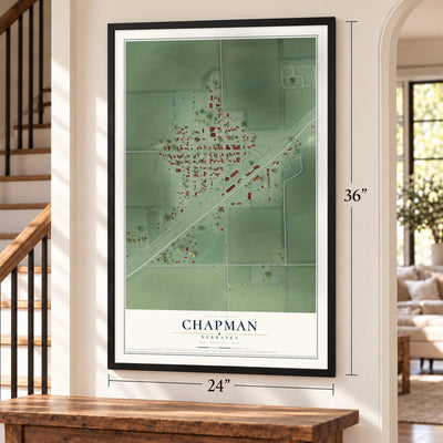 Chapman, Nebraska map, 24 x 36 inch print in a black frame by a staircase