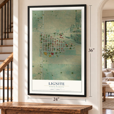 Lignite, North Dakota map, 24 x 36 inch print in a black frame by a staircase