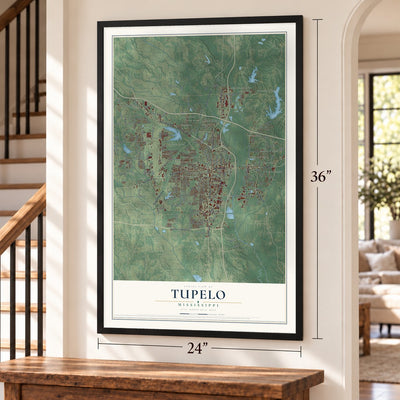 Tupelo, Mississippi map, 24 x 36 inch print in a black frame by a staircase