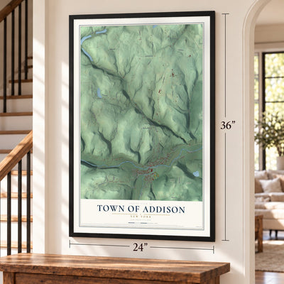 Town of Addison, New York map, 24 x 36 inch print in a black frame by a staircase