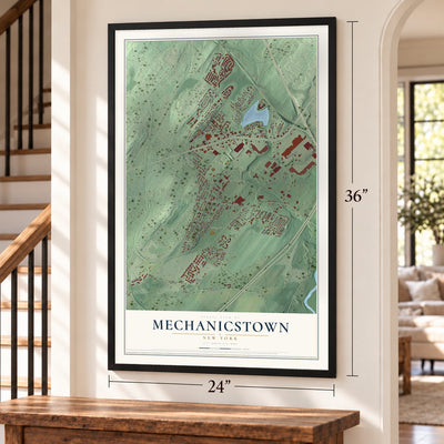 Mechanicstown, New York map, 24 x 36 inch print in a black frame by a staircase