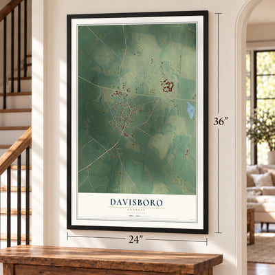 Davisboro, Georgia map, 24 x 36 inch print in a black frame by a staircase