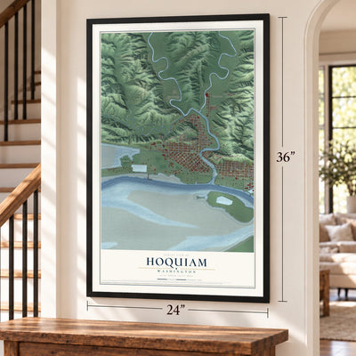 Hoquiam, Washington map, 24 x 36 inch print in a black frame by a staircase