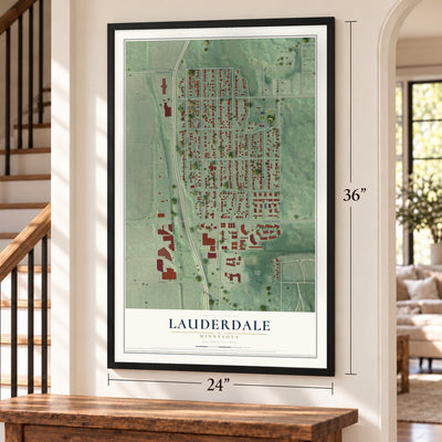 Lauderdale, Minnesota map, 24 x 36 inch print in a black frame by a staircase
