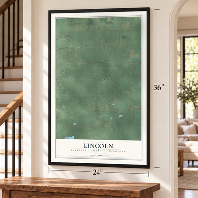 Lincoln, Isabella County, Michigan map, 24 x 36 inch print in a black frame by a staircase