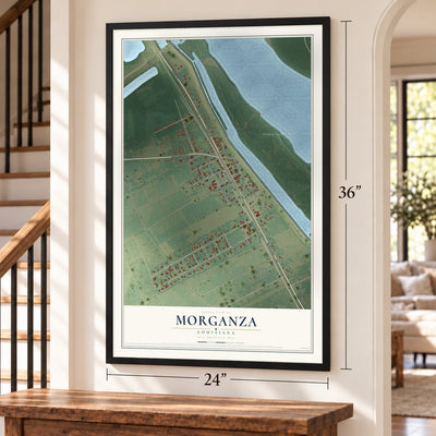 Morganza, Louisiana map, 24 x 36 inch print in a black frame by a staircase