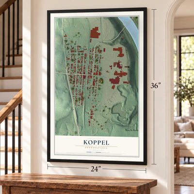 Koppel, Pennsylvania map, 24 x 36 inch print in a black frame by a staircase