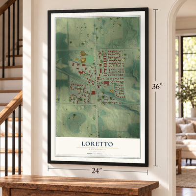 Loretto, Minnesota map, 24 x 36 inch print in a black frame by a staircase