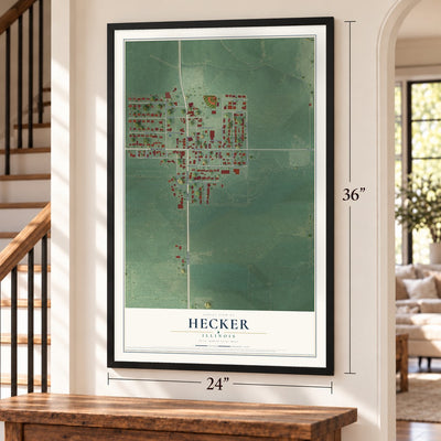 Hecker, Illinois map, 24 x 36 inch print in a black frame by a staircase