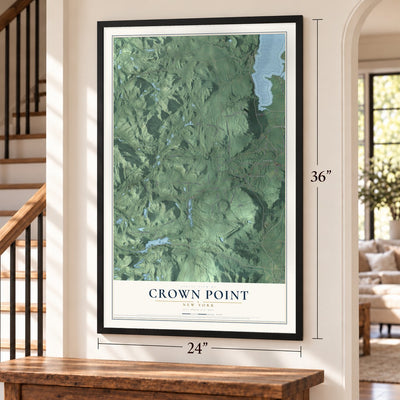 Crown Point, New York map, 24 x 36 inch print in a black frame by a staircase