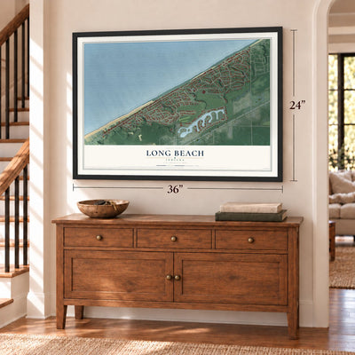 Long Beach, Indiana map, 24 x 36 inch print in a black frame above a dresser by a staircase