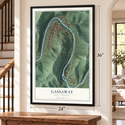 Gassaway, West Virginia map, 24 x 36 inch print in a black frame by a staircase