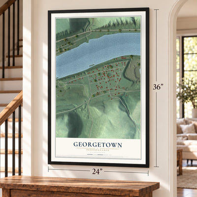 Georgetown, Pennsylvania map, 24 x 36 inch print in a black frame by a staircase