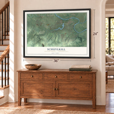 Schuylkill, Chester County, Pennsylvania map, 24 x 36 inch print in a black frame above a dresser by a staircase