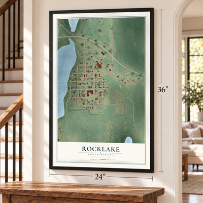 Rocklake, North Dakota map, 24 x 36 inch print in a black frame by a staircase
