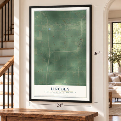 Lincoln, Arenac County, Michigan map, 24 x 36 inch print in a black frame by a staircase