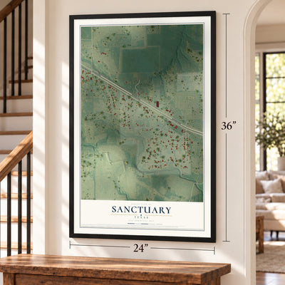 Sanctuary, Texas map, 24 x 36 inch print in a black frame by a staircase