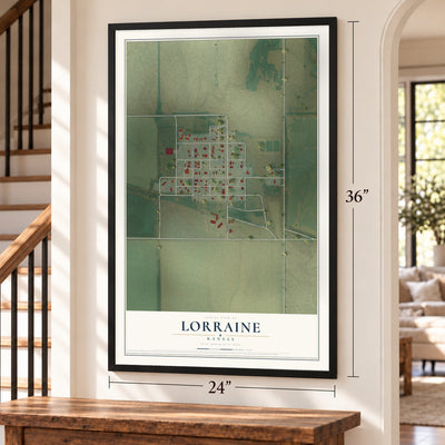 Lorraine, Kansas map, 24 x 36 inch print in a black frame by a staircase