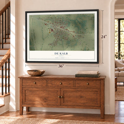 De Kalb, Texas map, 24 x 36 inch print in a black frame above a dresser by a staircase