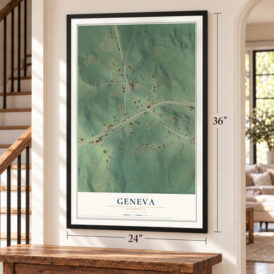 Geneva, Georgia map, 24 x 36 inch print in a black frame by a staircase