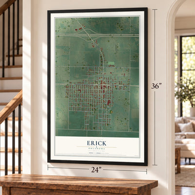 Erick, Oklahoma map, 24 x 36 inch print in a black frame by a staircase