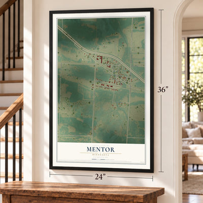 Mentor, Minnesota map, 24 x 36 inch print in a black frame by a staircase