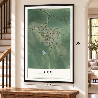 Otoe, Nebraska map, 24 x 36 inch print in a black frame by a staircase