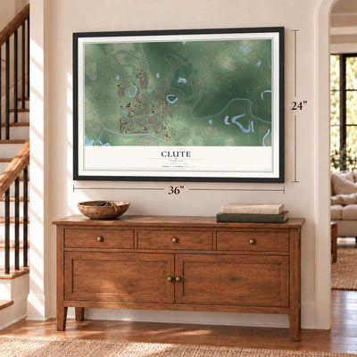 Clute, Texas map, 24 x 36 inch print in a black frame above a dresser by a staircase
