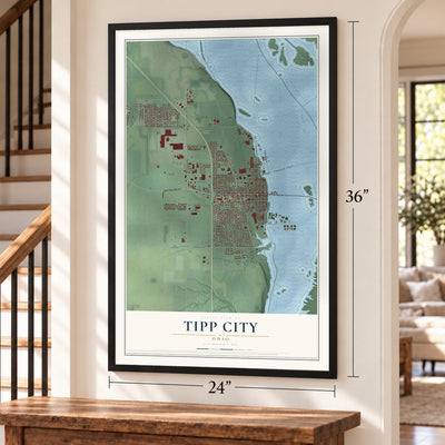 Tipp City, Ohio map, 24 x 36 inch print in a black frame by a staircase