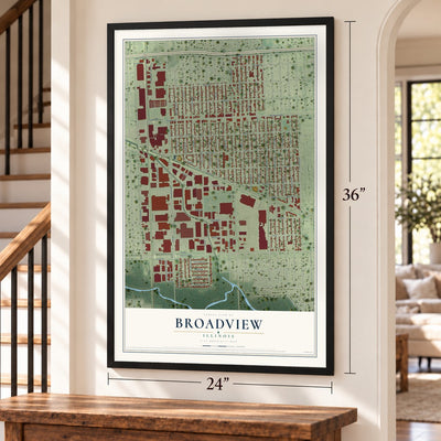 Broadview, Illinois map, 24 x 36 inch print in a black frame by a staircase