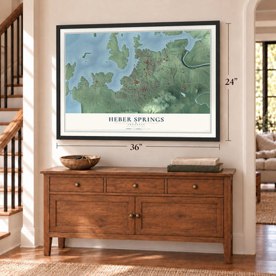 Heber Springs, Arkansas map, 24 x 36 inch print in a black frame above a dresser by a staircase
