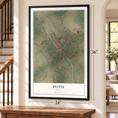 Poth, Texas map, 24 x 36 inch print in a black frame by a staircase
