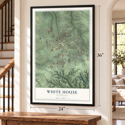 White House, Tennessee map, 24 x 36 inch print in a black frame by a staircase