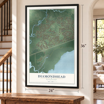 Diamondhead, Mississippi map, 24 x 36 inch print in a black frame by a staircase
