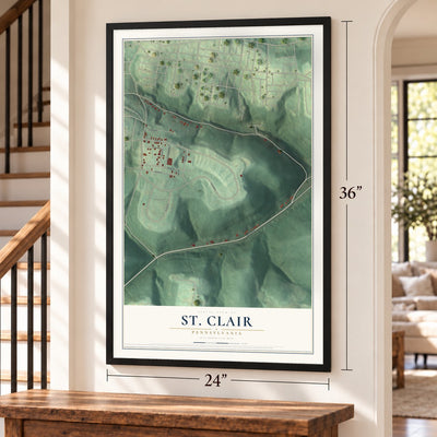 St. Clair, Pennsylvania map, 24 x 36 inch print in a black frame by a staircase