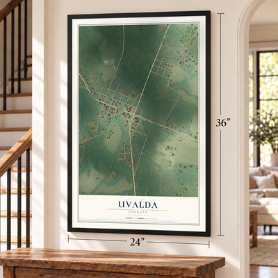 Uvalda, Georgia map, 24 x 36 inch print in a black frame by a staircase