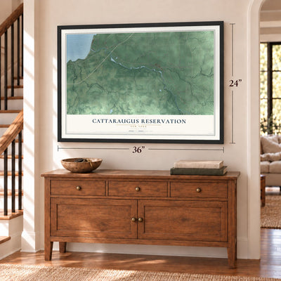 Cattaraugus Reservation, New York map, 24 x 36 inch print in a black frame above a dresser by a staircase